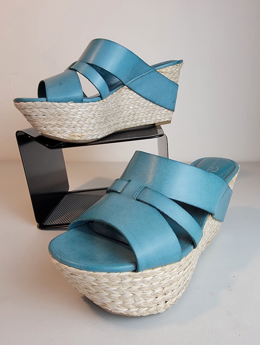 Studio Paolo Platform Wedge Espadrille Strap Sandals 7.5M Teal Faux Leather